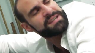 Inked classy hunk Matthew Anders drilling hairy businessman