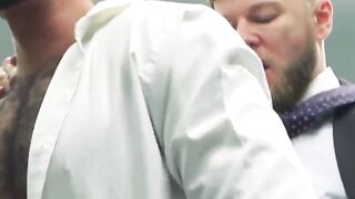 Inked classy hunk Matthew Anders drilling hairy businessman