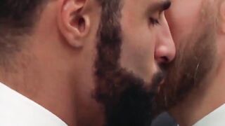Inked classy hunk Matthew Anders drilling hairy businessman