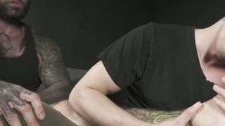 Gay hunks are foot licking each other while jerking off