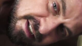 Bearded man enjoys being spitroasted in wild threesome