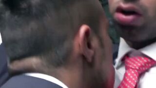 Inked muscle businessmen fuck doggystyle during office hours