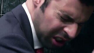 Inked muscle businessmen fuck doggystyle during office hours