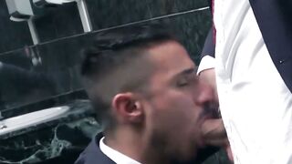 Inked muscle businessmen fuck doggystyle during office hours