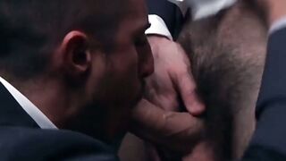 Inked muscle businessmen fuck doggystyle during office hours