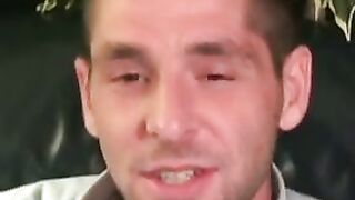 Amateur shows off his hairy cock in an interview and jerks