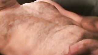 Mature hairy man masturbates after an interview and cums