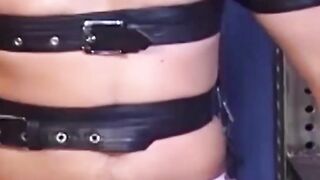 Man with muscles is restrained while only in his underwear