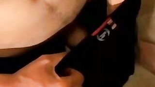 Skinny young twink jerks off his cock and cums in undies