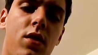 Skinny young twink jerks off his cock and cums in undies