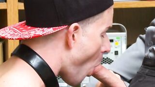 Young thief dominated with dildo and raw cock by gay guard