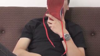 FREAK SHOW ALERT!!! FOOT WORSHIP FANTASY  Juicy jock gets off on his own stinky feet and rocks a MASSIVE boner!