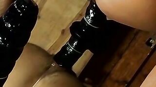 Homo destroys his asshole with giant black dildo and pees