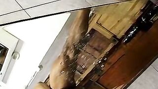 Homo destroys his asshole with giant black dildo and pees