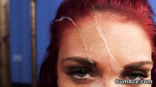 Nasty goddess gets cum load on her face sucking off all