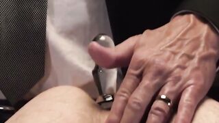 Hairy Maxx Monroe jerks dick while getting dildo fuck with suited master Matthew Figa