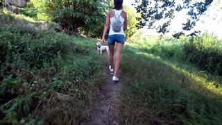 White Shirt no Bra Jeans Shorts Walking by the River