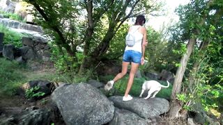 White Shirt no Bra Jeans Shorts Walking by the River