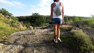 White Shirt no Bra Jeans Shorts Walking by the River