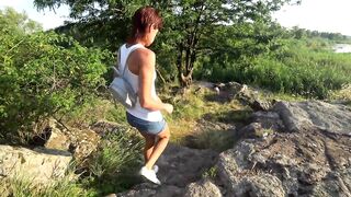 White Shirt no Bra Jeans Shorts Walking by the River