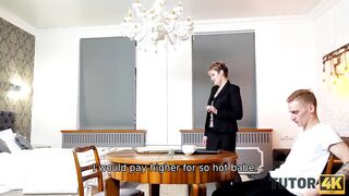 TUTOR4K. Old woman with short haircut offer muff to y.