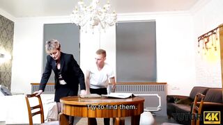 TUTOR4K. Old woman with short haircut offer muff to y.