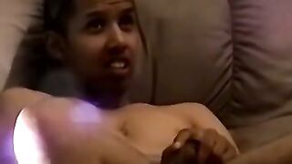 Little black bitch is yearning to ride a giant white dick