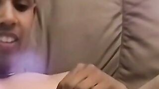 Little black bitch is yearning to ride a giant white dick