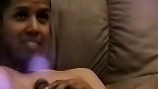 Little black bitch is yearning to ride a giant white dick