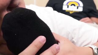 LAD FOOT FRENZY  Dan Edwards Unleashes His FEET WORSHIP FURY On Hunky Tom While Hes Helplessly Watching TV!