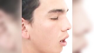 Cock riding Latin twink blasts out cum while being fucked