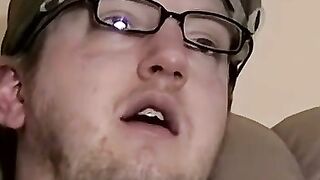 TEEN SPERM BANK GlassesSporting Stud Jack Flushes Load on Luxury Leather Loveseat!