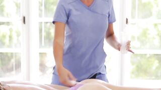 STRESSFUL SESSION Brett Rossi  Lena Anderson GO WILD In Masseur Table SCISSORING Extravaganza!