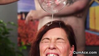 Frisky beauty gets jizz load on her face gulping all