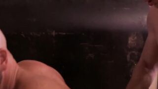 I can tell that bald hottie Adam Russo is in pain while I hammer his ass