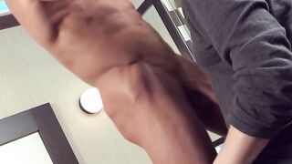 Masked muscular hunk masturbates his big long cock