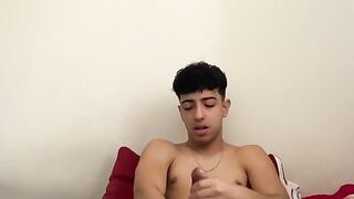 Cute Hunk Henry Lynes enjoys stroking his huge cock in his bed