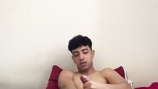 Cute Hunk Henry Lynes enjoys stroking his huge cock in his bed