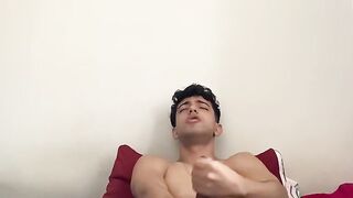Cute Hunk Henry Lynes enjoys stroking his huge cock in his bed