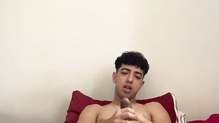 Cute Hunk Henry Lynes enjoys stroking his huge cock in his bed