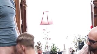 Buffed professor Adam Snow and two others work together to achieve cumshot