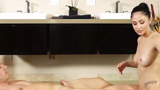 Hot brunette teen gets massage sex with lots of oil on skin