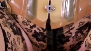 Masked babe in stockings spreads legs for solo masturbation