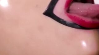 Masked babe in stockings spreads legs for solo masturbation