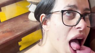 Step Up to the Ultimate Thrill Sexy Wife in Glasses Gets PIssed on in the Staircase