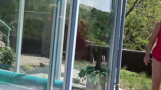 Tattooed granny outdoor sucking old cock with blonde teen