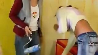 Girl-on-girl lesbian sex with sensational female friends sharing passionate kisses in their art studio while painting each other's bodies before getting intimate on bed making love until orgasmic pleasure