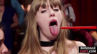 Tied sybian chick begging to suck ebony penis