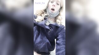 FrankiFox Finger Fucks her Tight Twat into the Outdoors Bathroom