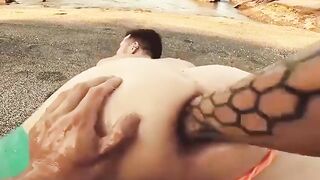 Axel Abysse howls as Yoshi Kawasaki POV fists his hole on the beach